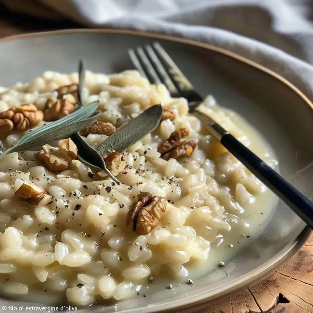 Risotto con uvas, gorgonzola y nueces en un plato.