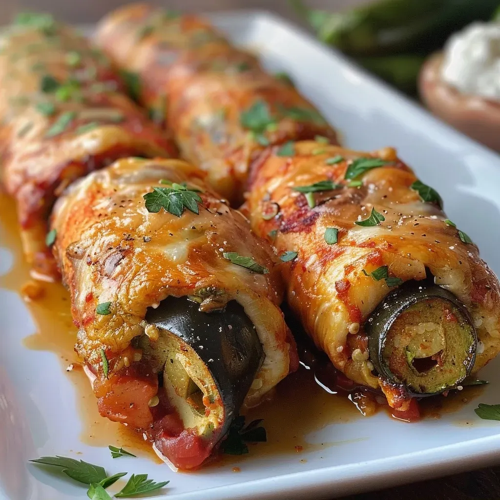 Rollitos de calabacín rellenos de pollo, presentados de lado.