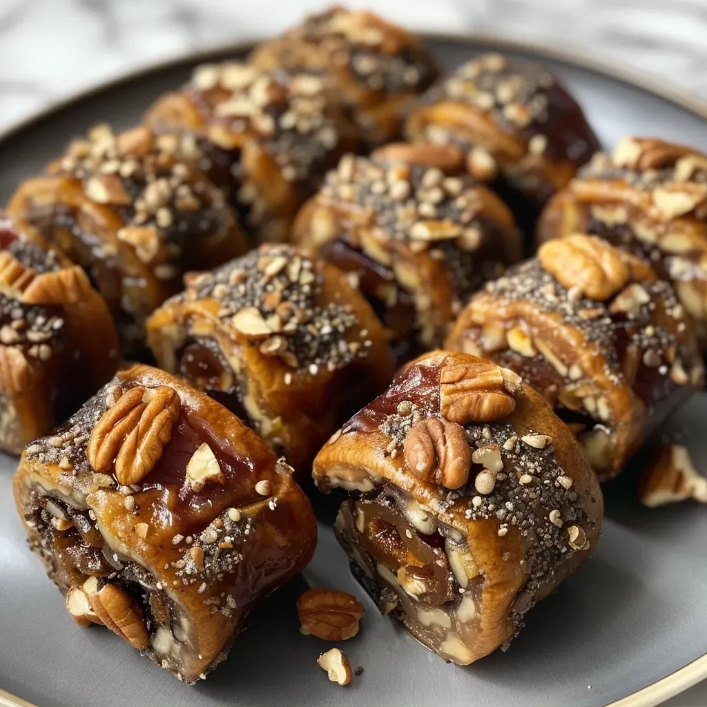 ['Rollos de dátiles y nueces especiados en un plato.', 'Vista lateral de rollos de dátiles y nueces, con textura jugosa.', 'Detalle de rollos de dátiles y nueces especiados sobre una superficie.', 'Primer plano de rollos de dátiles y nueces, listos para degustar.']