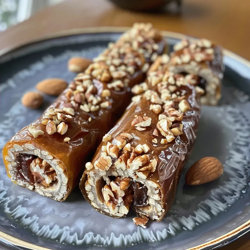 Rollos de dátiles y nueces especiados en un plato.