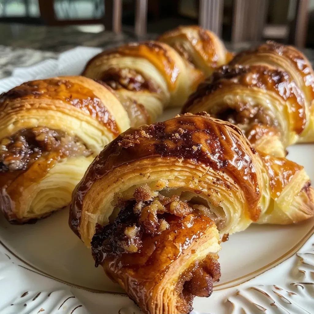 ['Deliciosos rugelach de canela con arándanos secos y nueces.', 'Primer plano de rugelach de canela rellenos de frutas y nueces.', 'Vista lateral de rugelach de canela con trozos de nueces y arándanos.', 'Rugelach de canela recién horneados y decorados con azúcar de canela.']