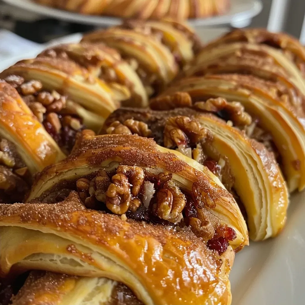 Deliciosos rugelach de canela con arándanos secos y nueces.