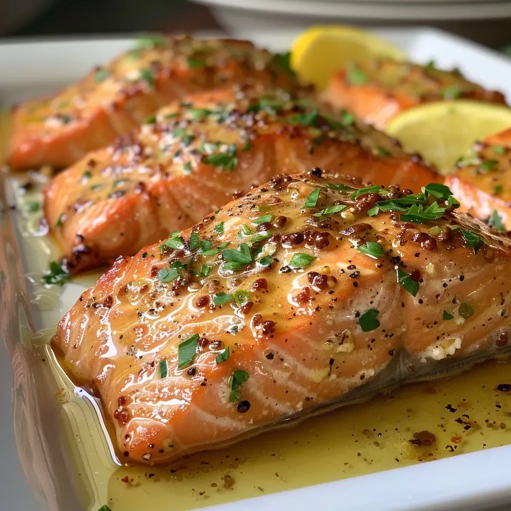 Filetes de salmón al horno con mostaza en un plato.