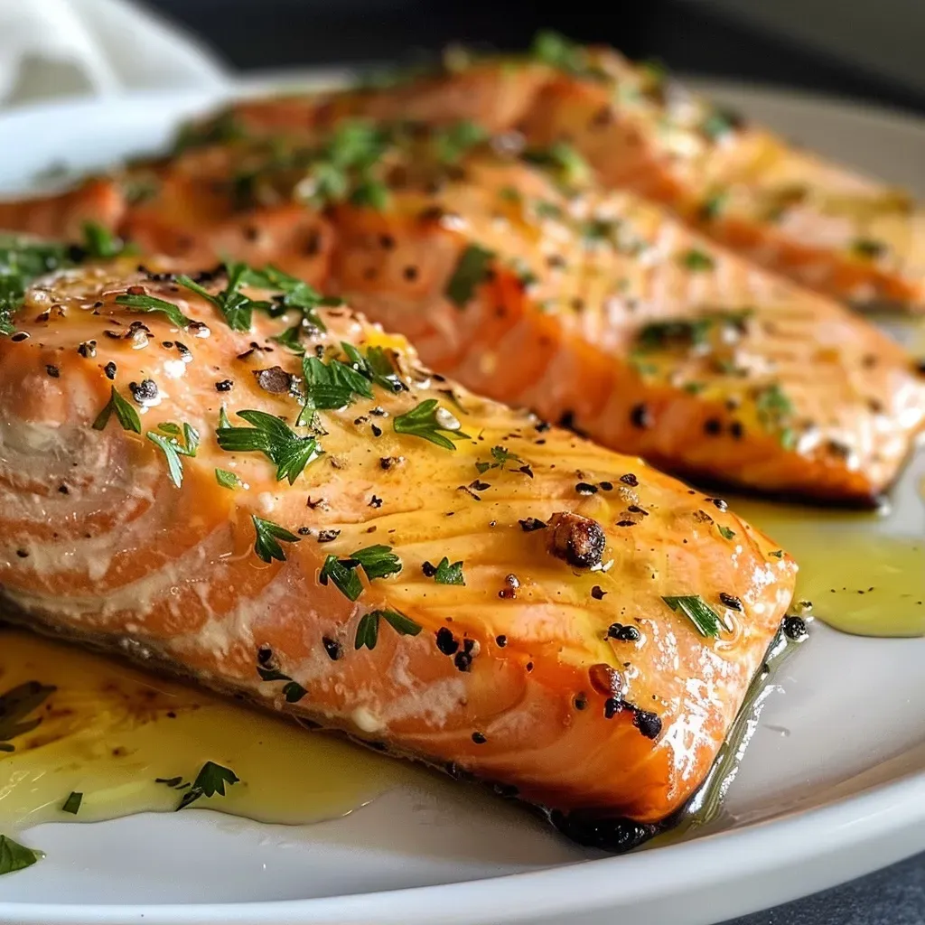 ['Filetes de salmón al horno glaseados con mantequilla de ajo y azúcar moreno.', 'Close up de salmón al horno con especias y rodajas de limón.', 'Porción de salmón horneado con un brillo dorado y acompañamientos.', 'Filete de salmón cocido con un acabado jugoso y delicioso.']