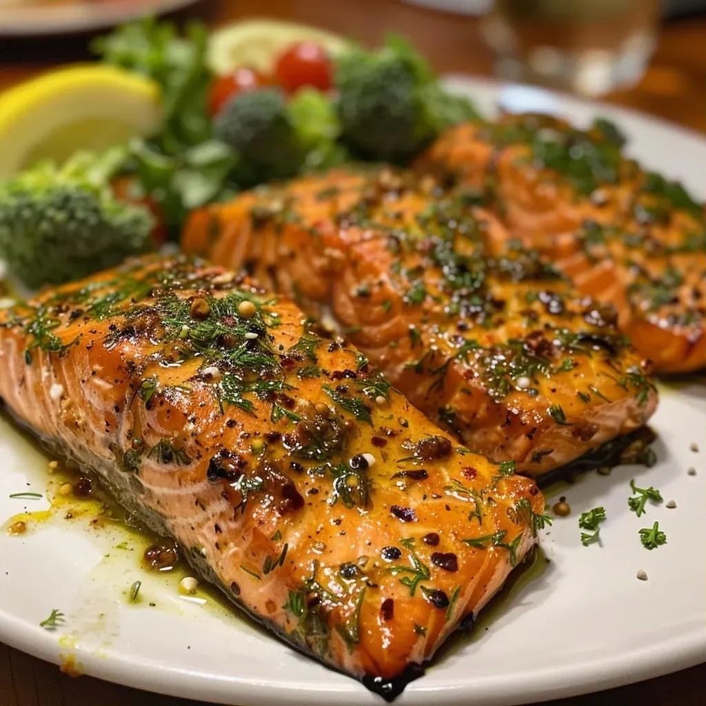 ['Filetes de salmón con especias de chili dulce y guarniciones coloridas.', 'Close up de filetes de salmón con condimento de chili dulce y vegetales.', 'Porción de salmón cocido junto a brócoli y tomates cherry.', 'Filetes de salmón marinados con chili acompañado de ensalada mixta.']