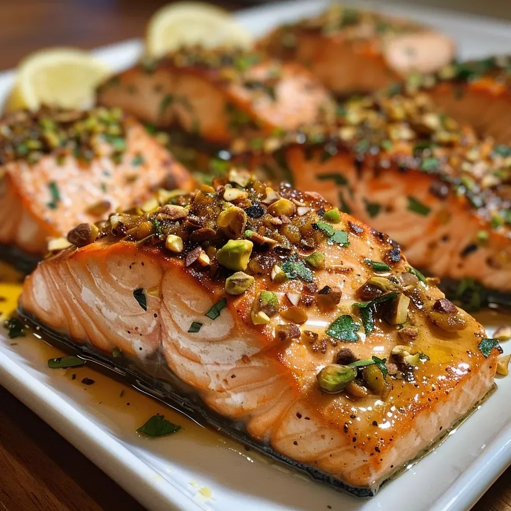 ['Filete de salmón cubierto con costra de pistacho.', 'Salmón jugoso con cobertura de pistachos y panko.', 'Primer plano de salmón con costra de nueces y especias.', 'Filete de salmón con pistachos, ajo y perejil fresco.']