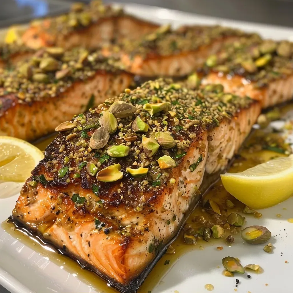 Filete de salmón cubierto con costra de pistacho.
