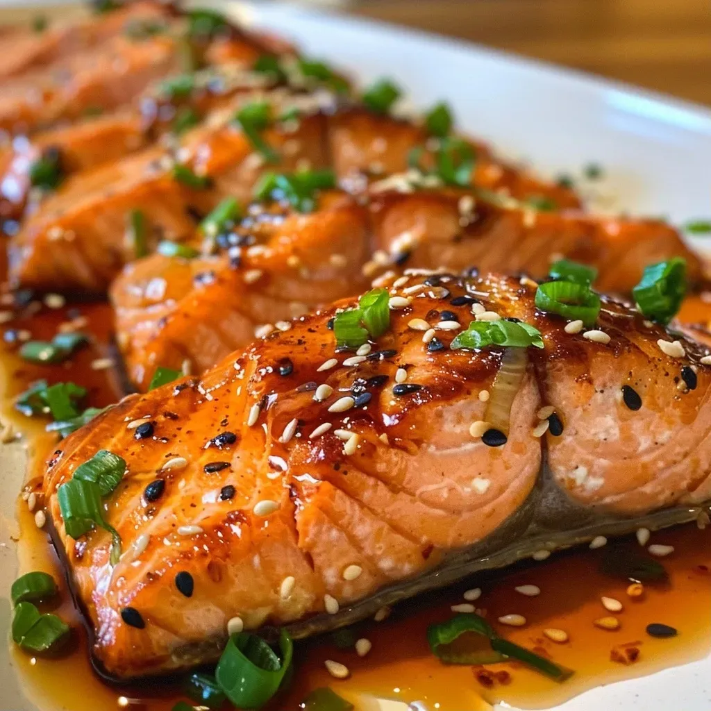 ['Trocitos de salmón crujiente con glaseado de miel y ajo en un plato.', 'Porciones de salmón dorado y jugoso, cocinadas en freidora de aire.', 'Vista lateral de bites de salmón con salsa de ajo y miel en un plato.', 'Deliciosas bocados de salmón crujiente, acompañados de cebollín y semillas de sésamo.']