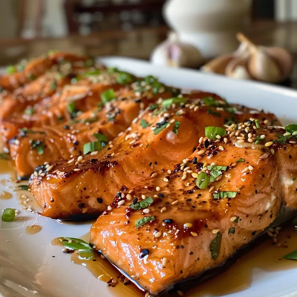 Trocitos de salmón crujiente con glaseado de miel y ajo en un plato.
