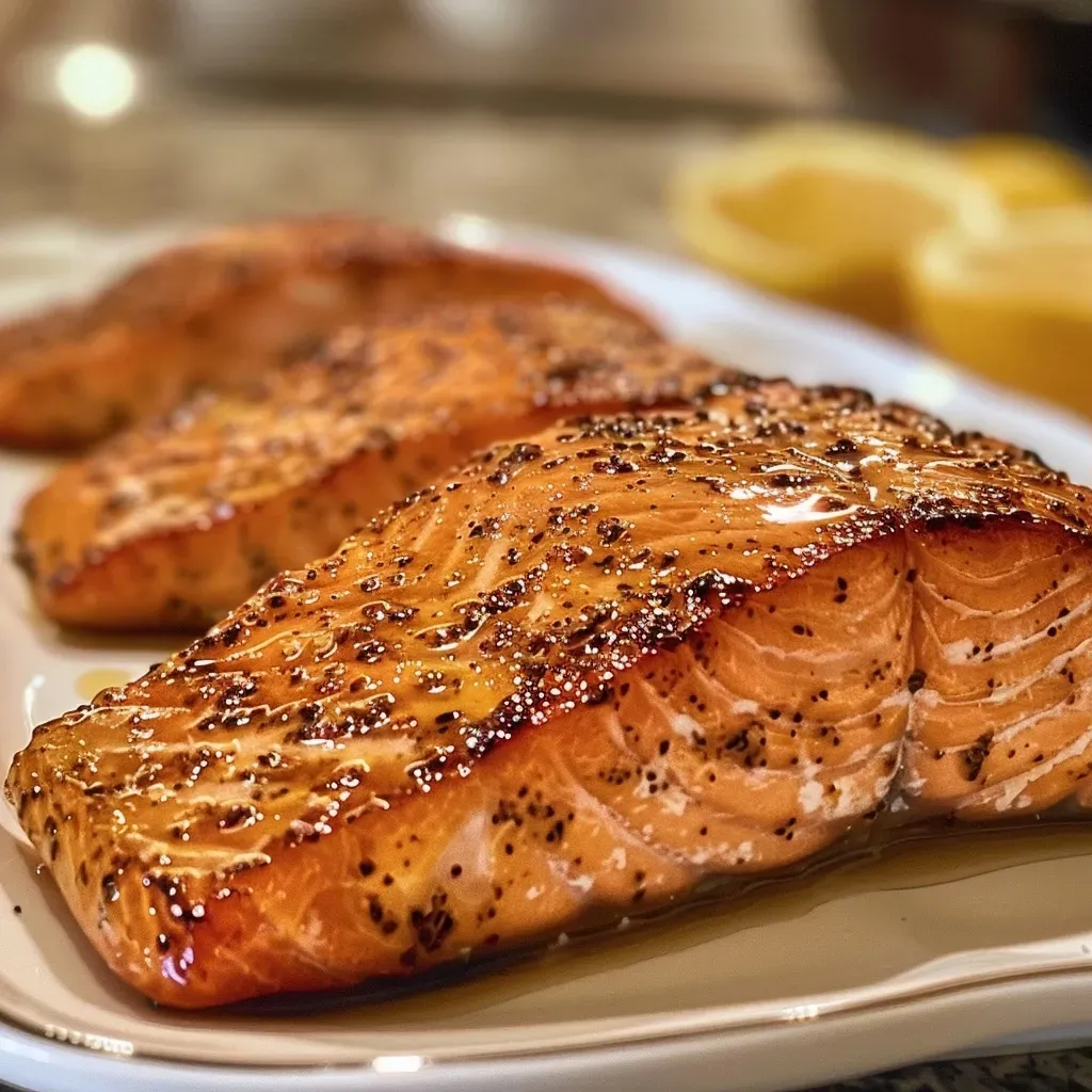 ['Salmón cocinado en air fryer con glaseado de jarabe de arce y mostaza.', 'Filete de salmón dorado y jugoso, preparado en freidora de aire.', 'Vista lateral de salmón glaseado listo para servir, cocinado en air fryer.', 'Porción de salmón con glaseado de mostaza y jarabe, recién salido de la freidora.']