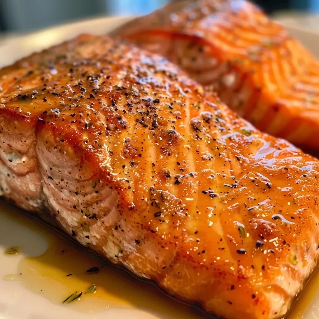 Salmón cocinado en air fryer con glaseado de jarabe de arce y mostaza.