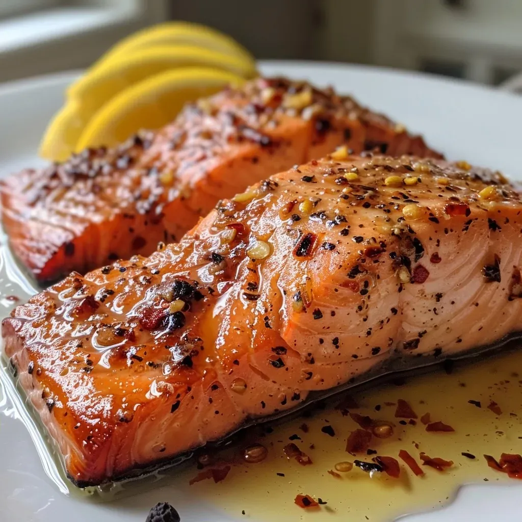 Filetes de salmón jugoso cocinados en freidora de aire.