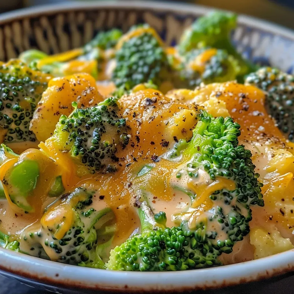 Salsa de brócoli y cheddar servida en un plato.