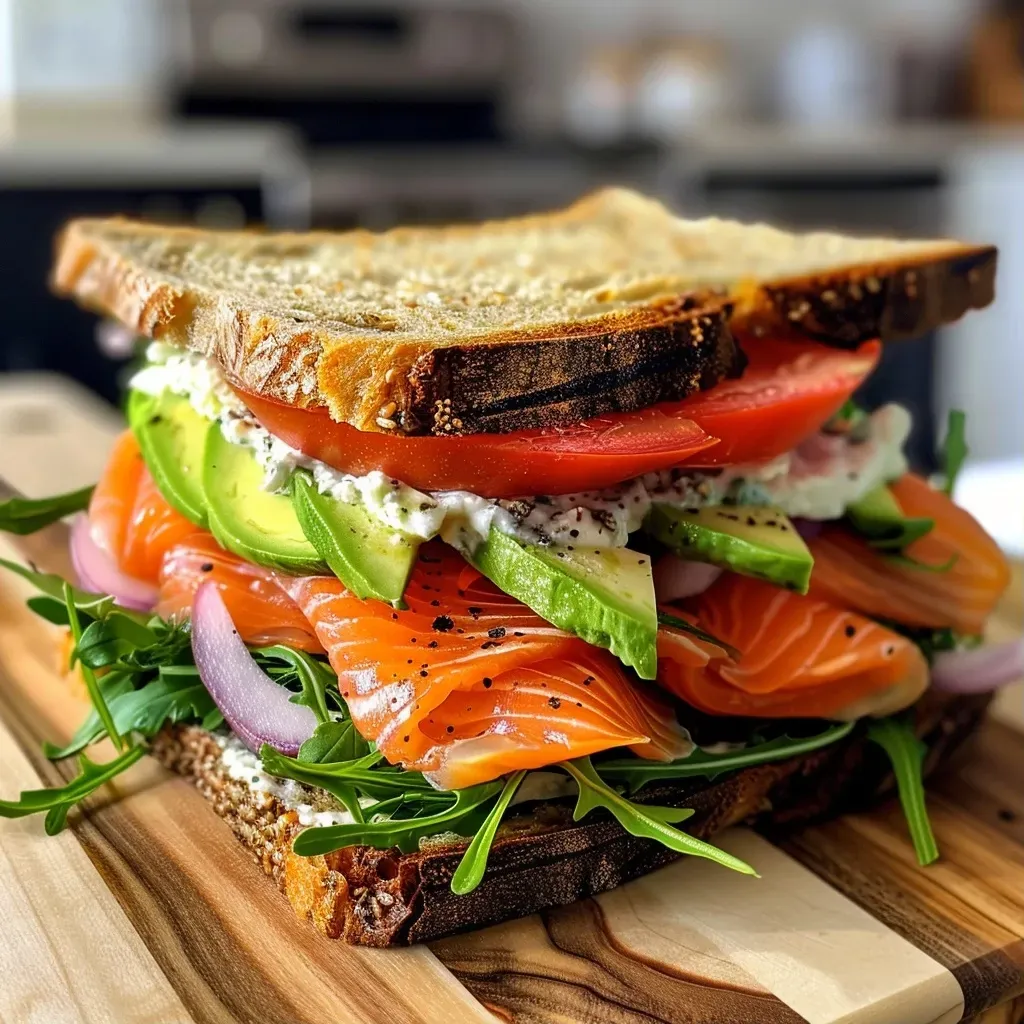['Sándwich de salmón ahumado con aguacate y verduras frescas.', 'Detalle de un sándwich de salmón ahumado con ingredientes frescos.', 'Primer plano de un sándwich con salmón ahumado y vegetales.', 'Sándwich de salmón ahumado acompañado de rodajas de tomate y cebolla.']