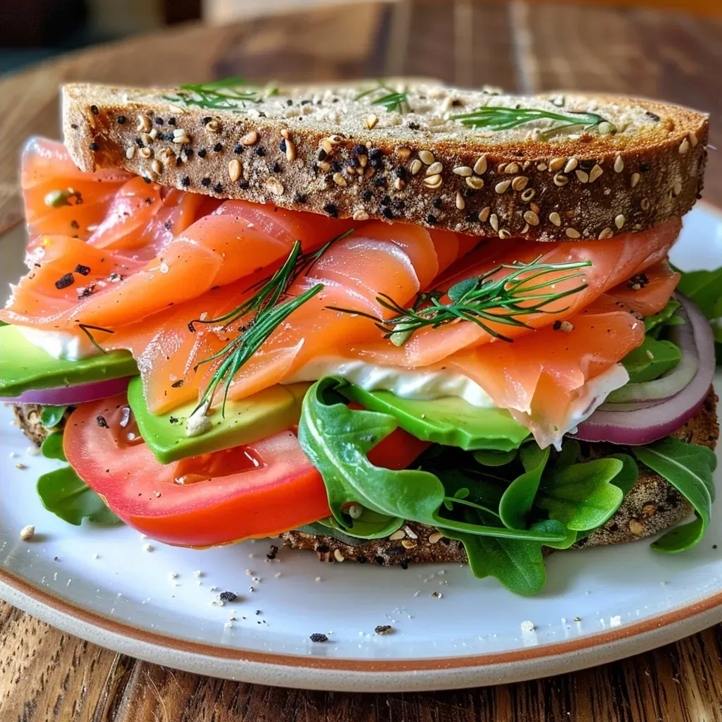 Sándwich de salmón ahumado con aguacate y verduras frescas.