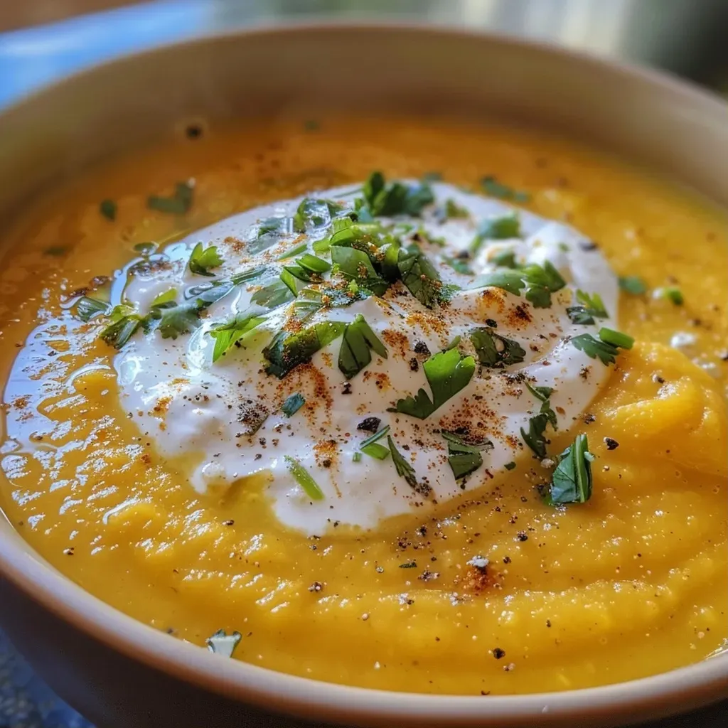 ['Sopa cremosa de calabaza en un tazón, con ingredientes frescos alrededor.', 'Primer plano de sopa de calabaza cremosa, con un toque de especias.', 'Sopa de calabaza servida en un tazón, decorada con semillas tostadas.', 'Tazón de sopa cremosa de calabaza, con ingredientes como cebolla y ajo.']