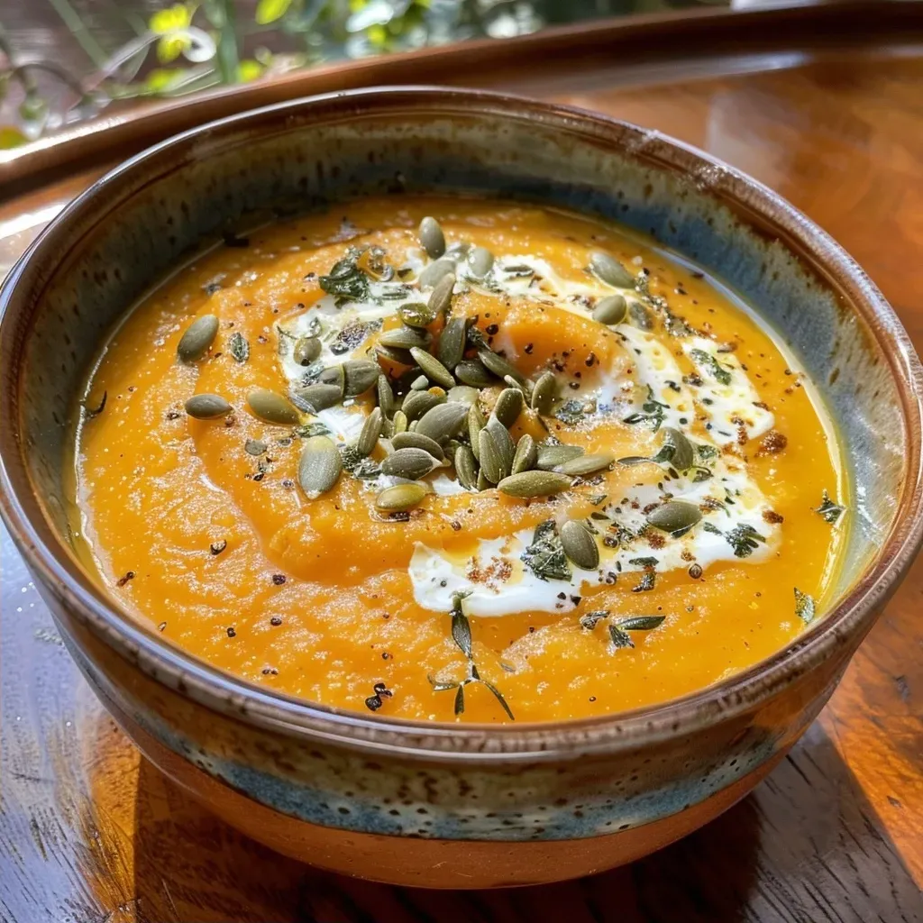 Sopa cremosa de calabaza en un tazón, con ingredientes frescos alrededor.