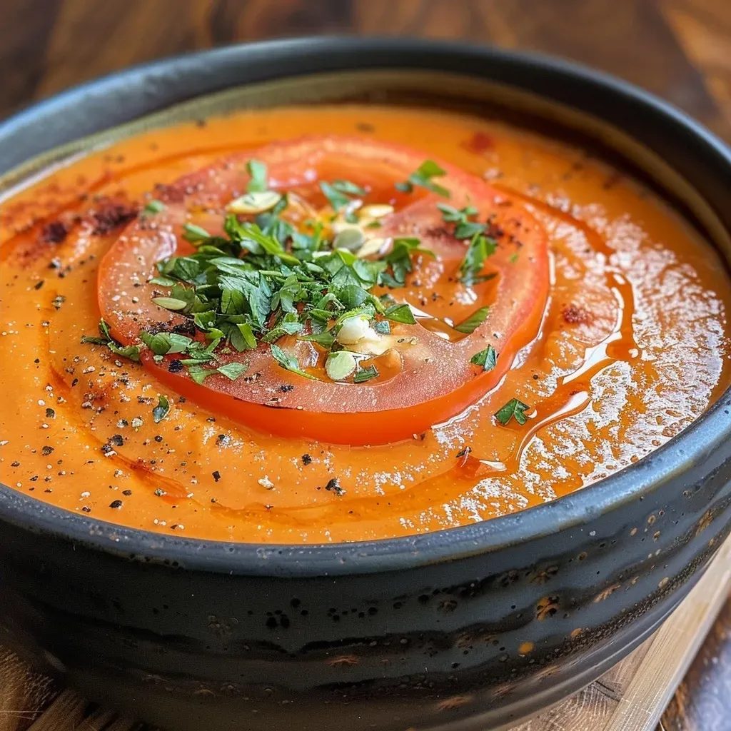 Sopa cremosa de verduras asadas en un tazón.