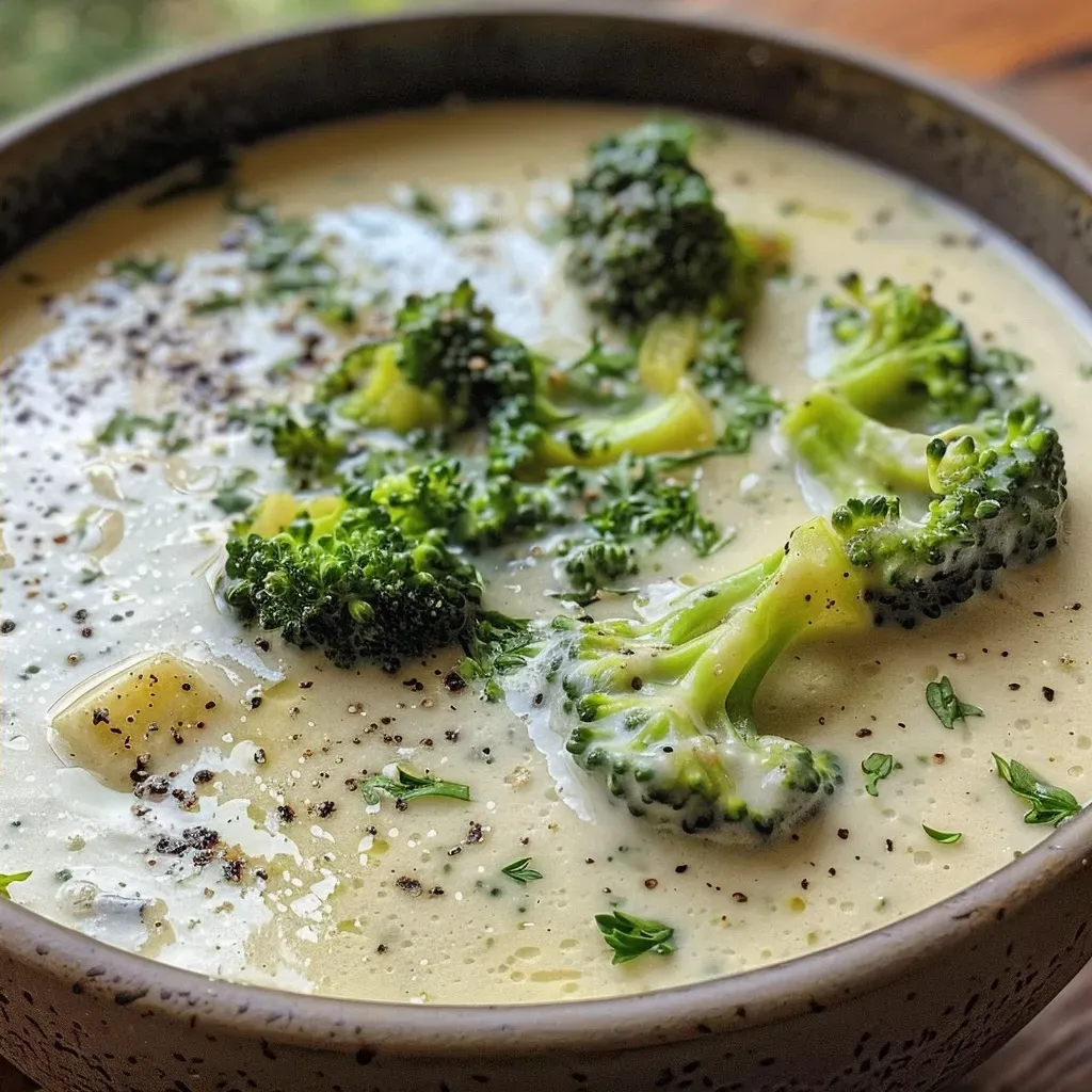 Sopa de brócoli crema en un plato, lista para ser servida.