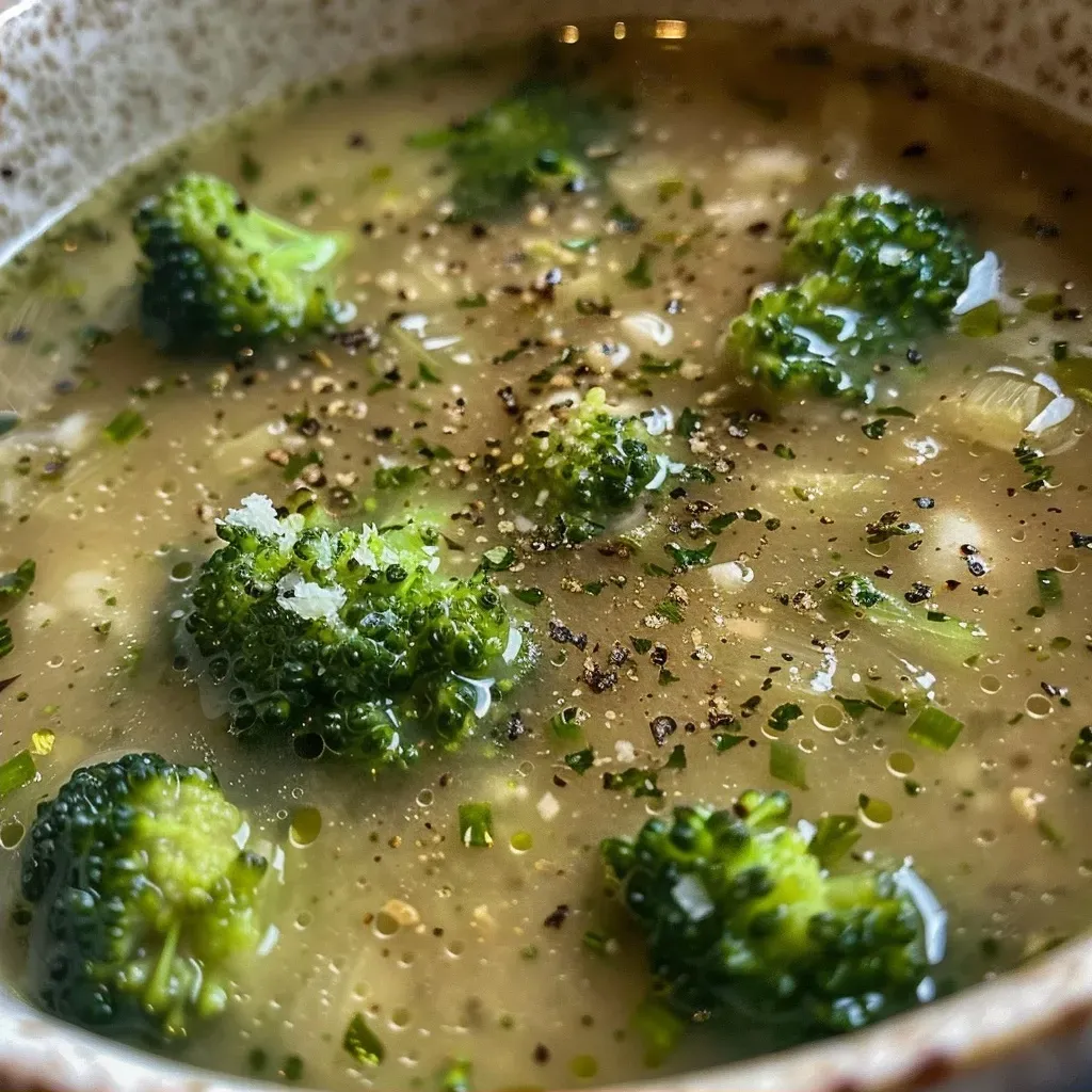 Sopa de brócoli italiano con ajo en un tazón.