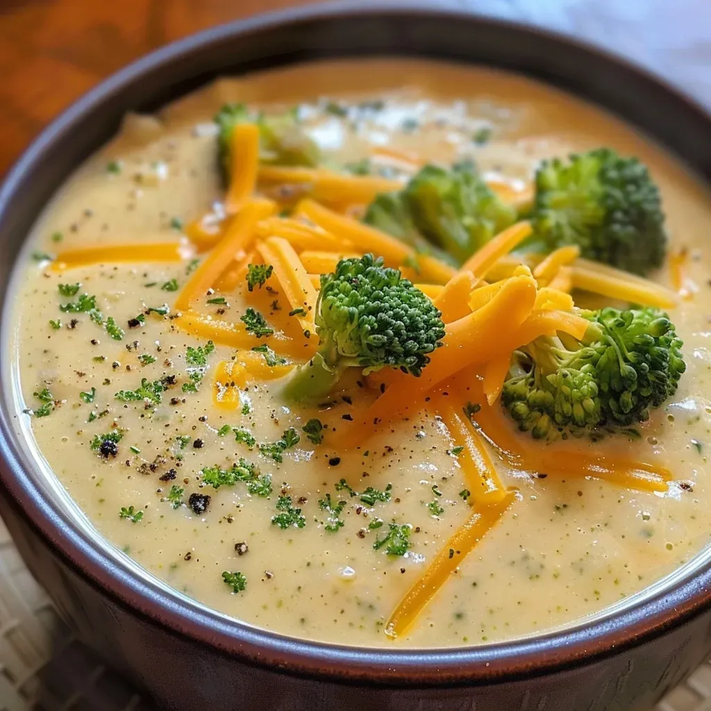 ['Sopa de brócoli y queso cheddar presentada en un tazón, con textura cremosa.', 'Primer plano de una sopa caliente de brócoli y queso cheddar, lista para servir.', 'Tazón de sopa de brócoli y cheddar, decorado con trozos de brócoli.', 'Sopa de brócoli y cheddar en un tazón, con ingredientes frescos al fondo.']