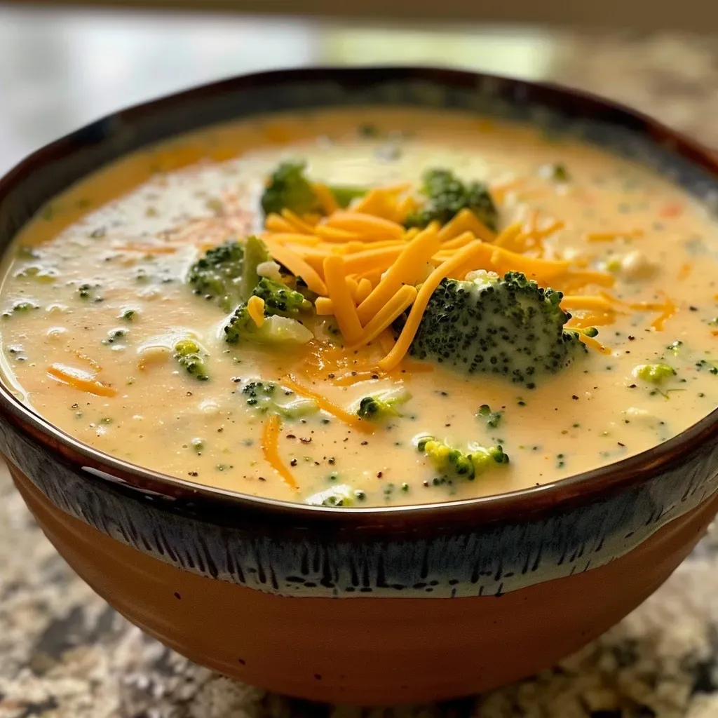 Sopa de brócoli y queso cheddar presentada en un tazón, con textura cremosa.