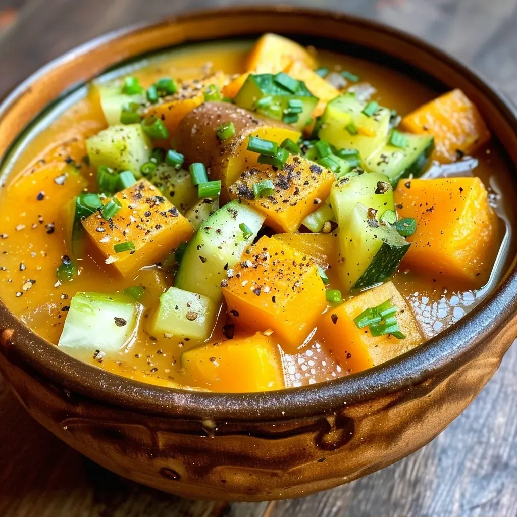 ['Sopa de calabaza y pera en un tazón, con textura cremosa.', 'Primer plano de sopa color naranja con trozos de pera.', 'Tazón de sopa de calabaza y pera, decorado con hierbas.', 'Sopa caliente de calabaza y pera en un plato blanco.']
