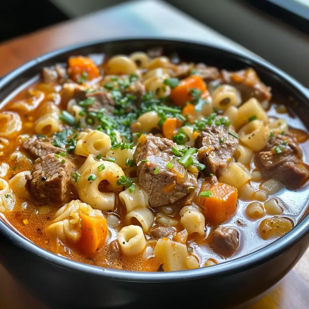 ['Sopa de carne de res con macarrones y verduras en un tazón.', 'Primer plano de sopa de carne de res y macarrones servida caliente.', 'Tazón de sopa de carne de res con pasta y guarniciones frescas.', 'Sopa de carne de res con macarrones, visible textura de ingredientes.']