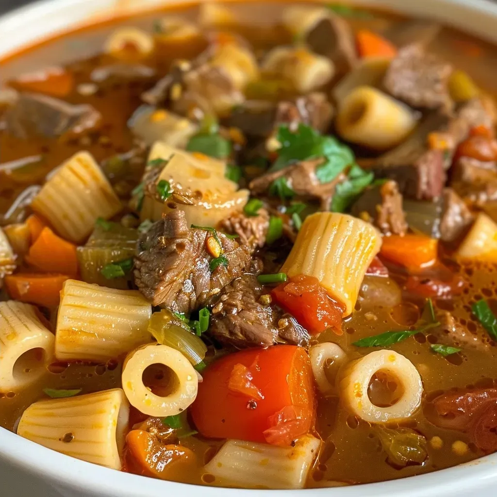 Sopa de carne de res con macarrones y verduras en un tazón.