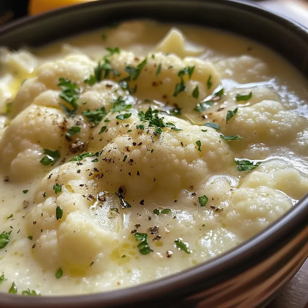 ['Sopa de coliflor cremosa en un tazón.', 'Primer plano de sopa de coliflor sin patatas.', 'Crema de coliflor servida en un plato blanco.', 'Sopa de coliflor con ingredientes frescos alrededor.']