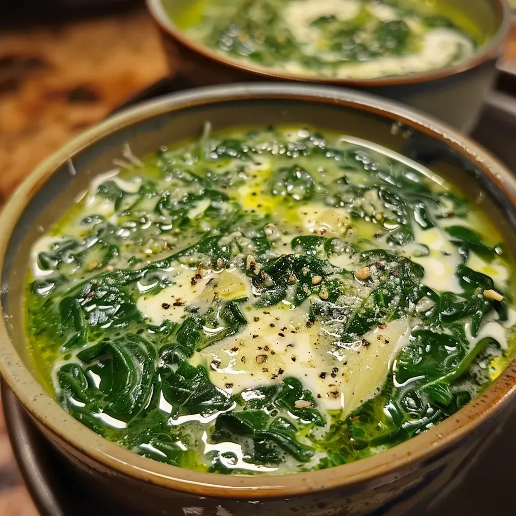 ['Sopa de espinacas cremosa en un tazón.', 'Primer plano de sopa de espinacas con crema.', 'Tazón de sopa de espinacas servido con un toque de crema.', 'Sopa cremosa de espinacas decorada con un chorrito de limón.']