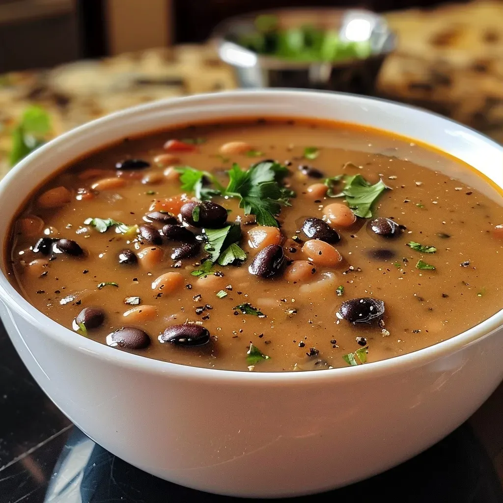 ['Sopa de frijoles negros en un tazón con decoración de yogur y orégano.', 'Primer plano de una deliciosa sopa de frijoles negros con totopos al lado.', 'Tazón de sopa de frijoles negros con pimiento y cebolla visible.', 'Sopa de frijoles negros servida con ingredientes frescos sobre la mesa.']