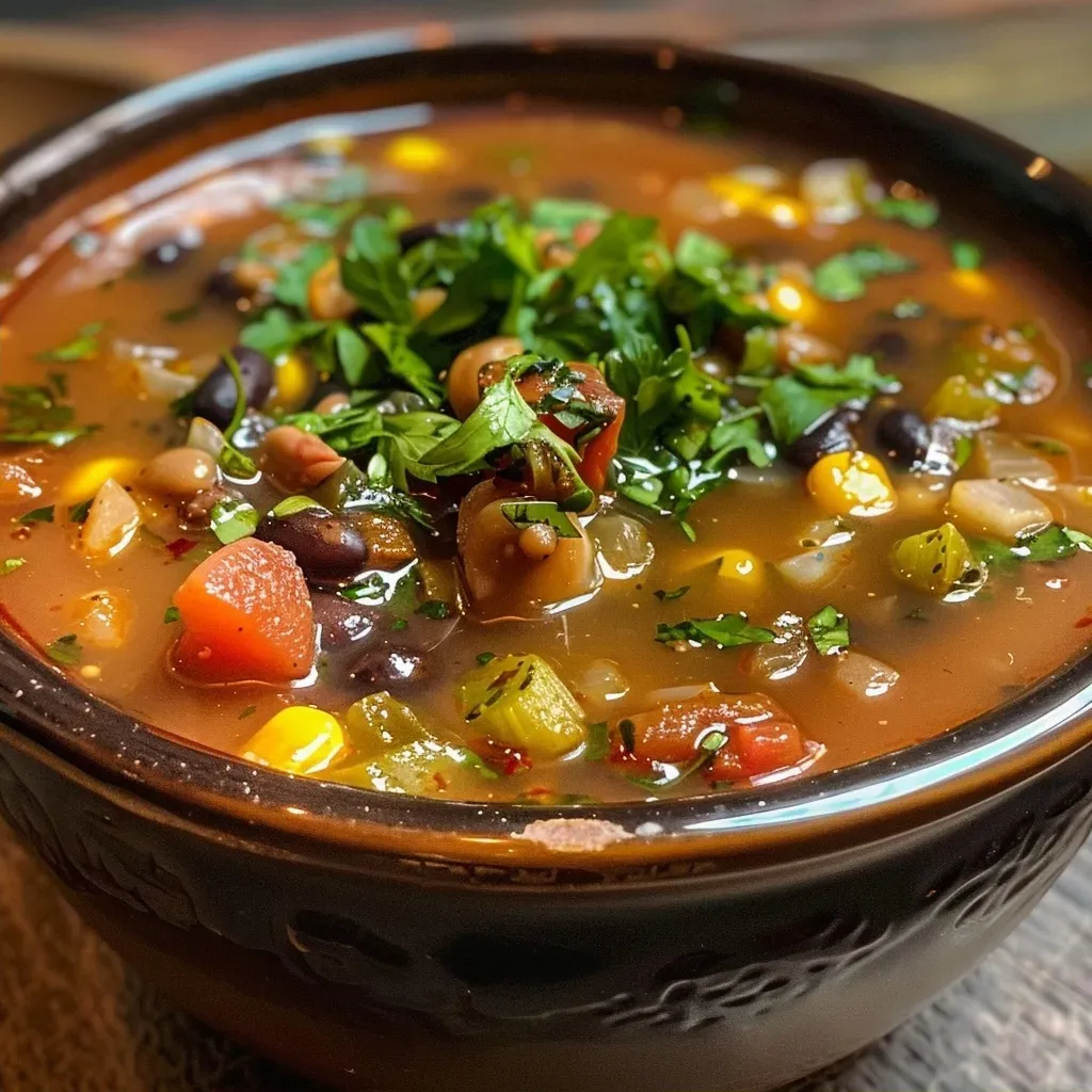 Sopa de frijoles negros en un tazón con decoración de yogur y orégano.