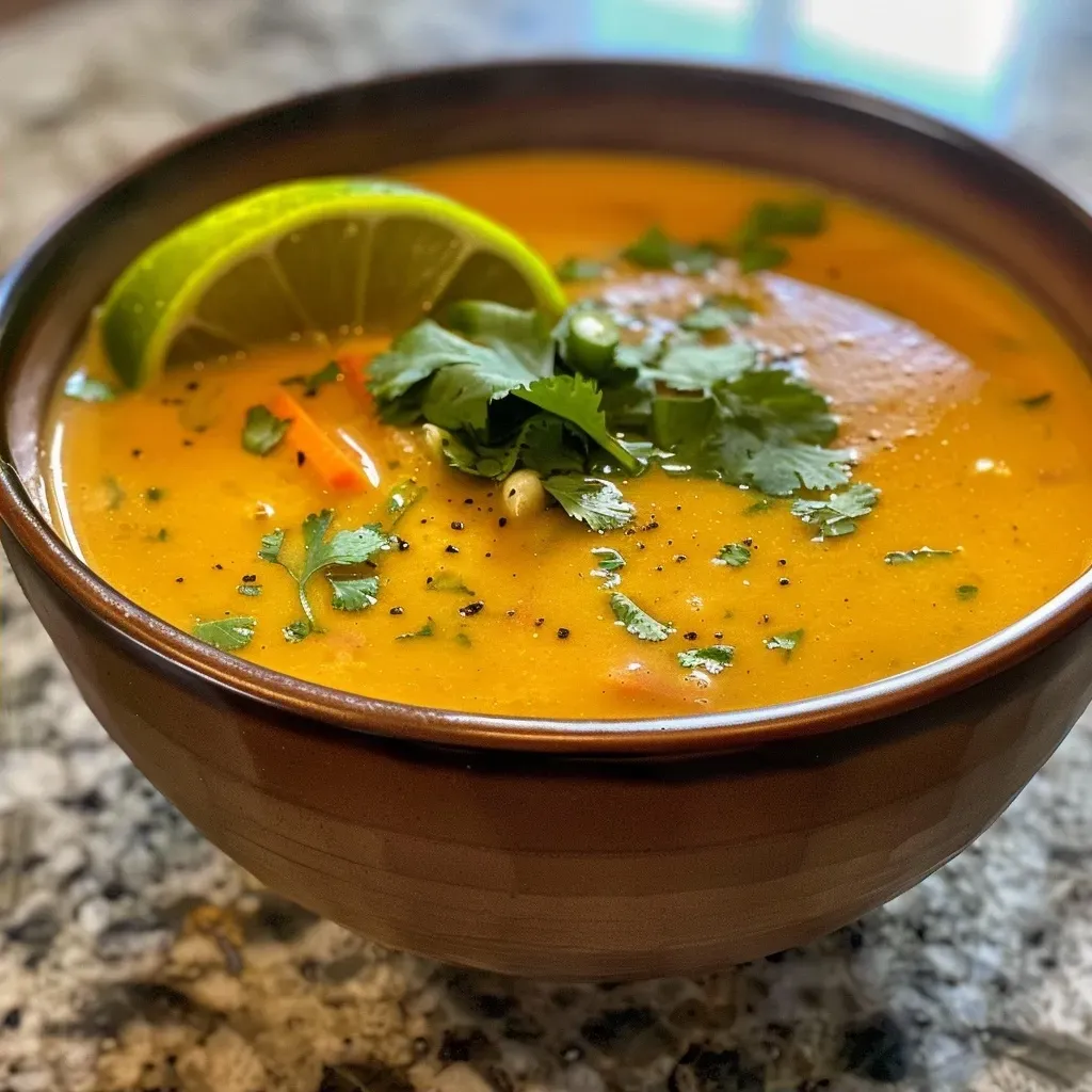 Sopa de jengibre y limoncillo en un tazón con ingredientes frescos al lado.
