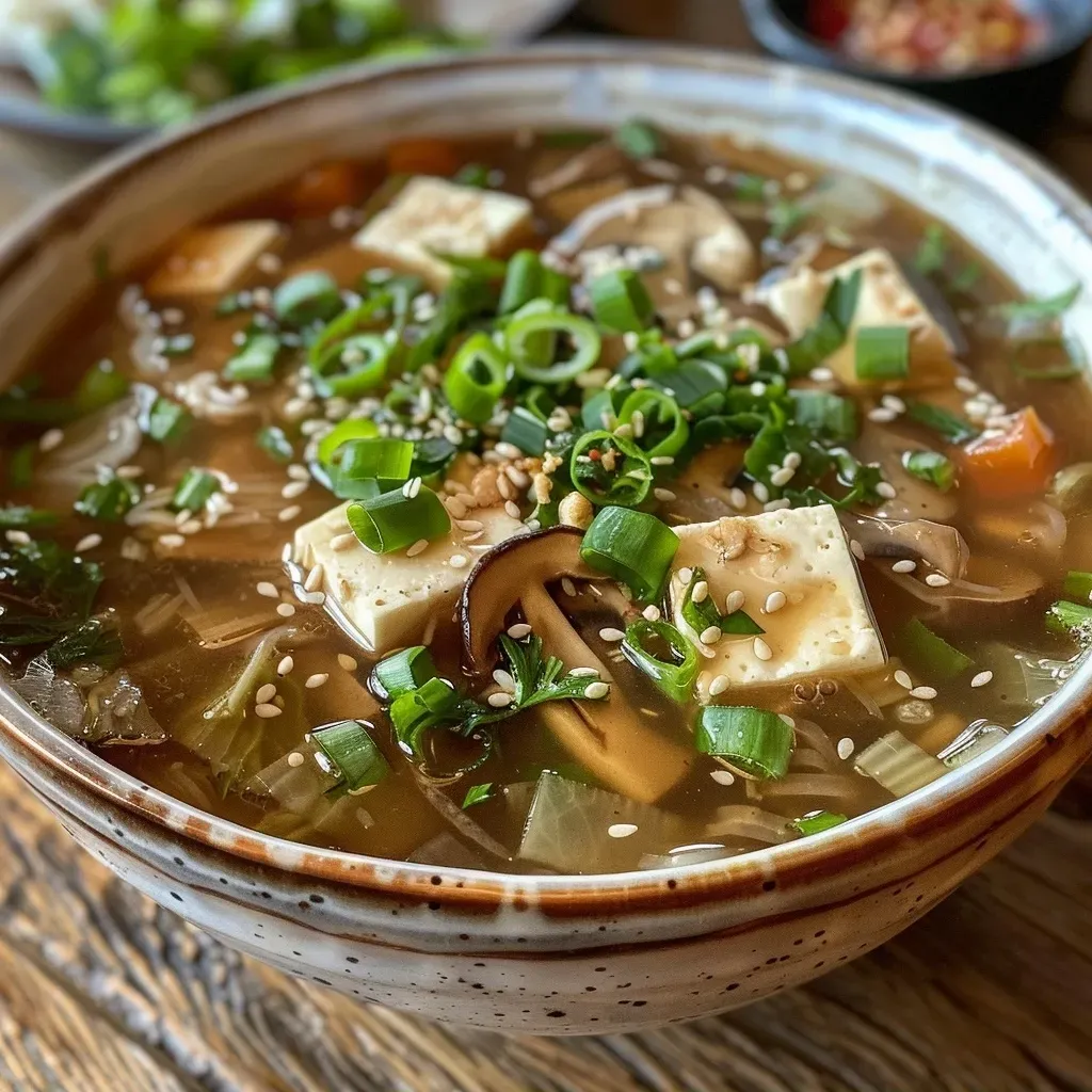 ['Sopa de jengibre y miso en un tazón, con ingredientes frescos visibles.', 'Primer plano de sopa de jengibre y miso, decorada con cebollino y semillas de sésamo.', 'Tazón de sopa de jengibre y miso con trozos de tofu y verduras.', 'Sopa humeante de jengibre y miso en un fondo natural.']