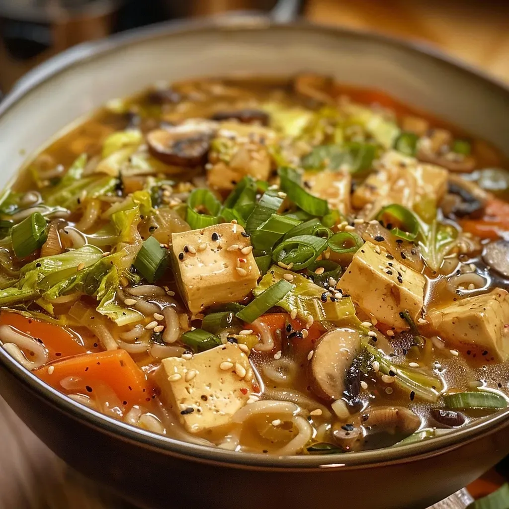 Sopa de jengibre y miso en un tazón, con ingredientes frescos visibles.