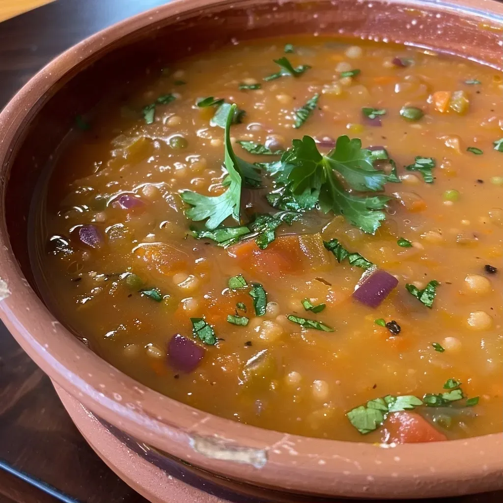 ['Sopa de lentejas en olla de cocción lenta, vista lateral.', 'Detalle de sopa de lentejas hecha en olla de cocción lenta.', 'Sopa de lentejas con ingredientes frescos en olla de cocción lenta.', 'Olla de cocción lenta con sopa de lentejas deliciosa.']