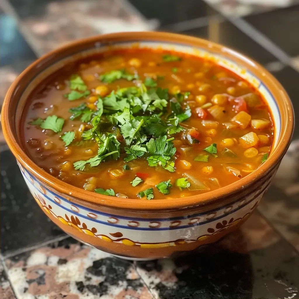 Sopa de lentejas en olla de cocción lenta, vista lateral.