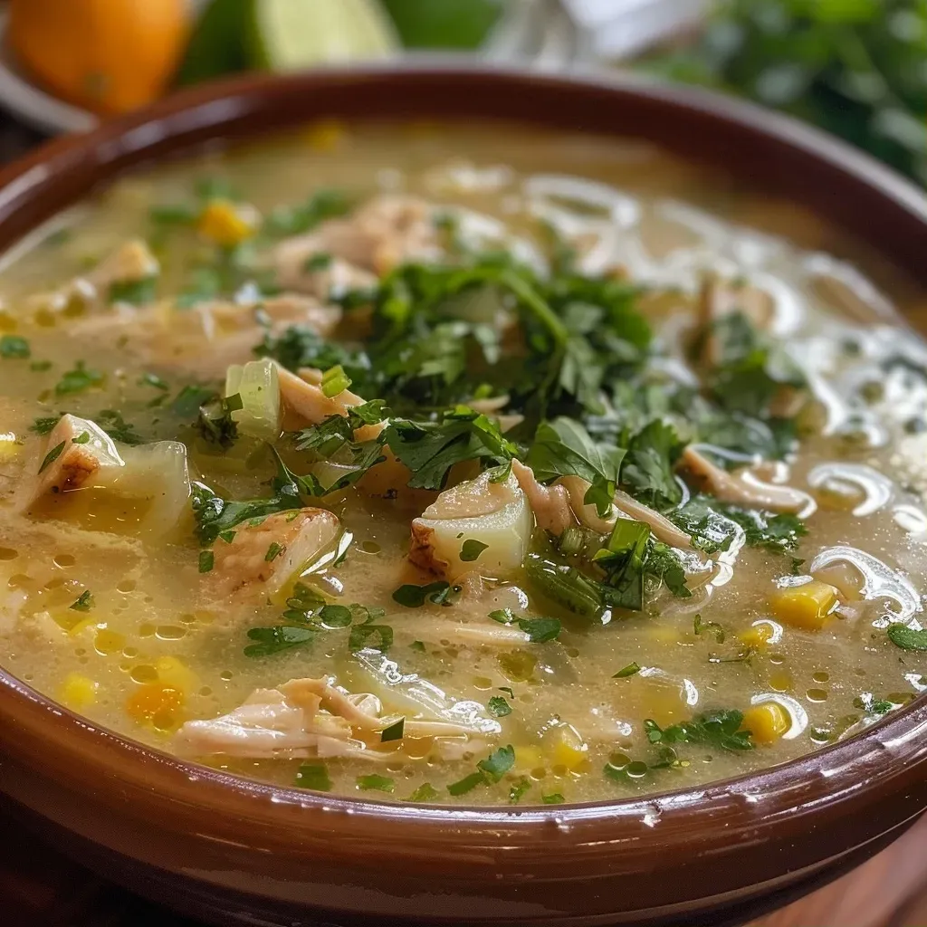 ['Sopa de pavo y papa cremosa en un tazón blanco.', 'Close up de una deliciosa sopa cremosa con pavo y papa.', 'Tazón de sopa de pavo y papa, con verduras frescas visibles.', 'Vista lateral de una sopa cremosa de pavo con papas y elote.']