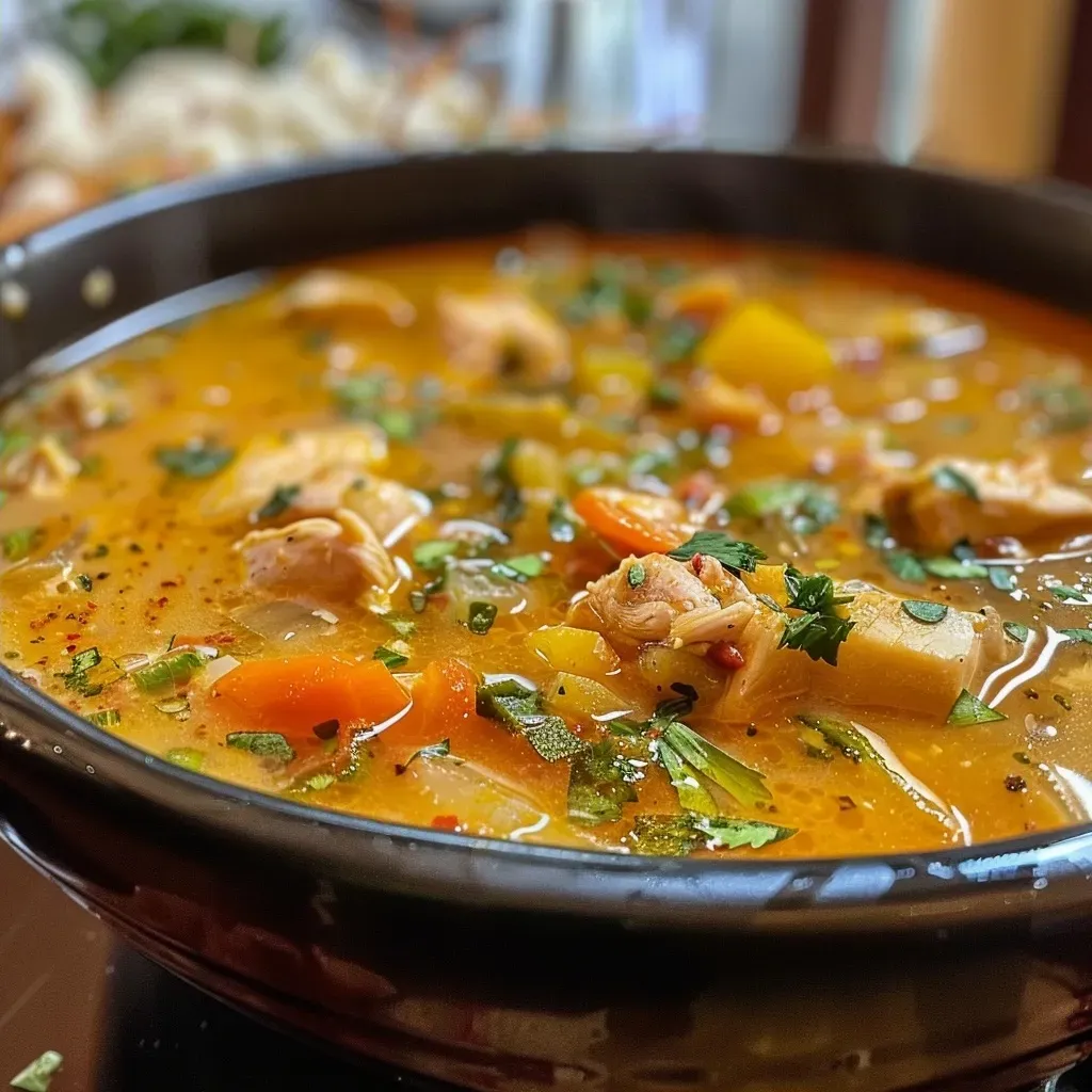 Sopa de pavo y papa cremosa en un tazón blanco.