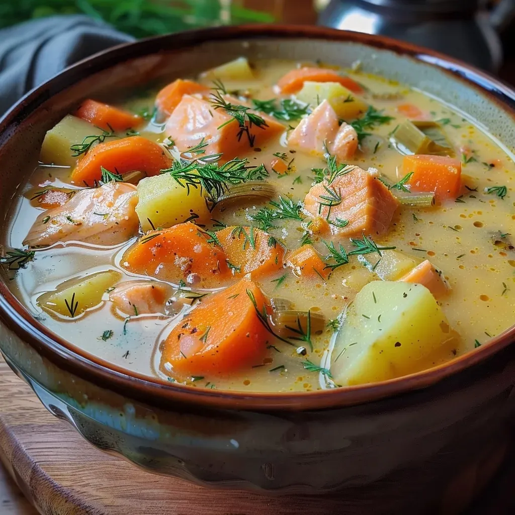Sopa de salmón finlandesa en un tazón con vegetales frescos.