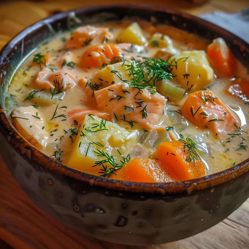 ['Primer plano de sopa de salmón con trozos de pescado y verduras.', 'Imagen lateral de una deliciosa sopa de salmón en un plato.', 'Sopa de salmón con ingredientes visibles como zanahoria y patata.', 'Close up de un plato de sopa de salmón servida caliente.']