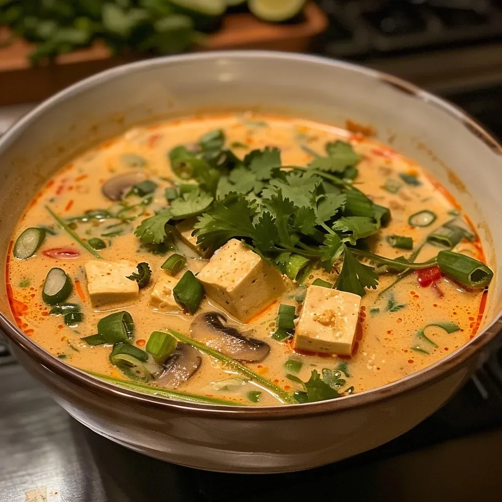 ['Sopa de tofu con coco en un tazón, decorada con cilantro y cebolla verde.', 'Primer plano de sopa de tofu con coco, mostrando ingredientes frescos.', 'Tazón de sopa de tofu con coco, con trozos de tofu y setas visibles.', 'Sopa de tofu en un tazón, con un fondo de ingredientes frescos.']