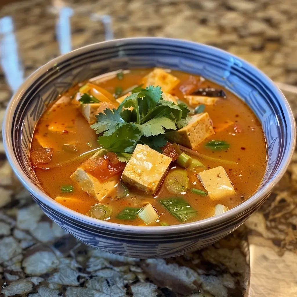 Sopa de tofu con coco en un tazón, decorada con cilantro y cebolla verde.