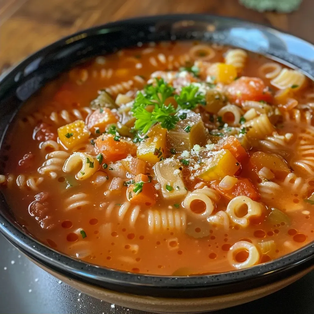 Sopa italiana de lentejas en un tazón, con ingredientes frescos alrededor.