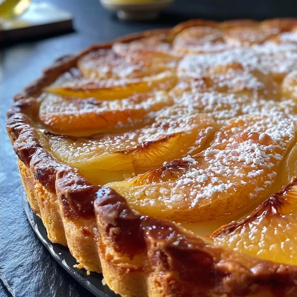 Tarta Bourdaloue con peras y crema de almendras en primer plano.