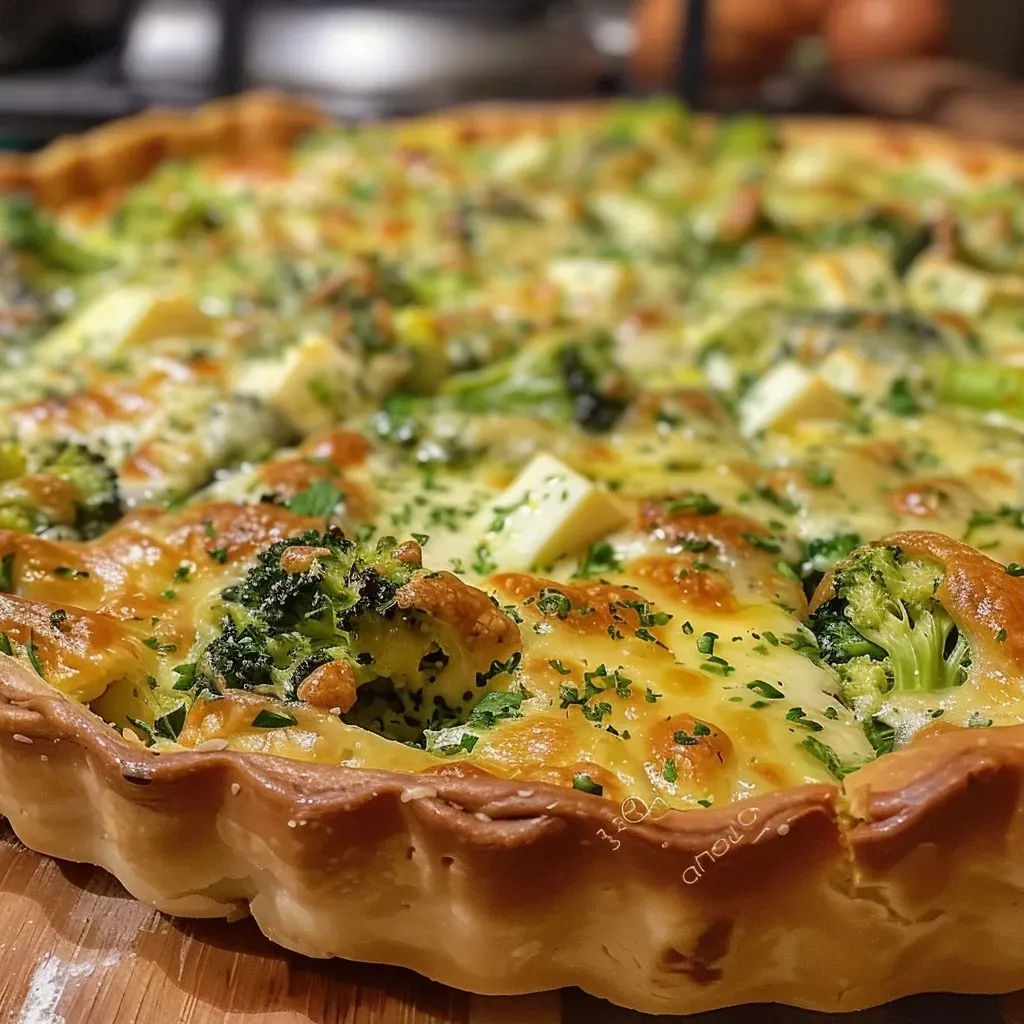 ['Vista lateral de una tarta de brócoli, mostrando su textura jugosa.', 'Tarta de brócoli enfocada, con ingredientes visibles en la base.', 'Detalle de una tarta de brócoli recién horneada, con un acabado dorado.', 'Imagen de tarta de brócoli cortada, revelando su relleno cremoso.']