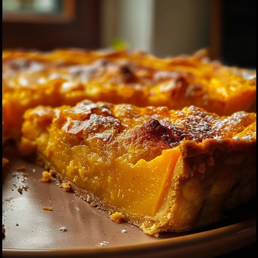 Tarta de calabaza vista lateral, con una textura jugosa y apetecible.