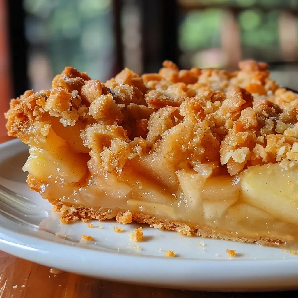 ['Vista lateral de una tarta de manzana con crumble.', 'Primer plano de una tarta de manzana crumble.', 'Detalle de tarta de manzana con un topping crujiente.', 'Tarta de manzana crumble presentada en un plato.']