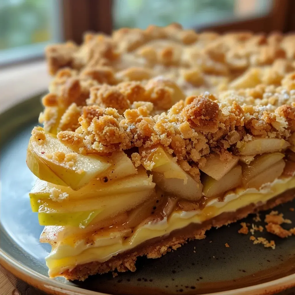 Vista lateral de una tarta de manzana con crumble.